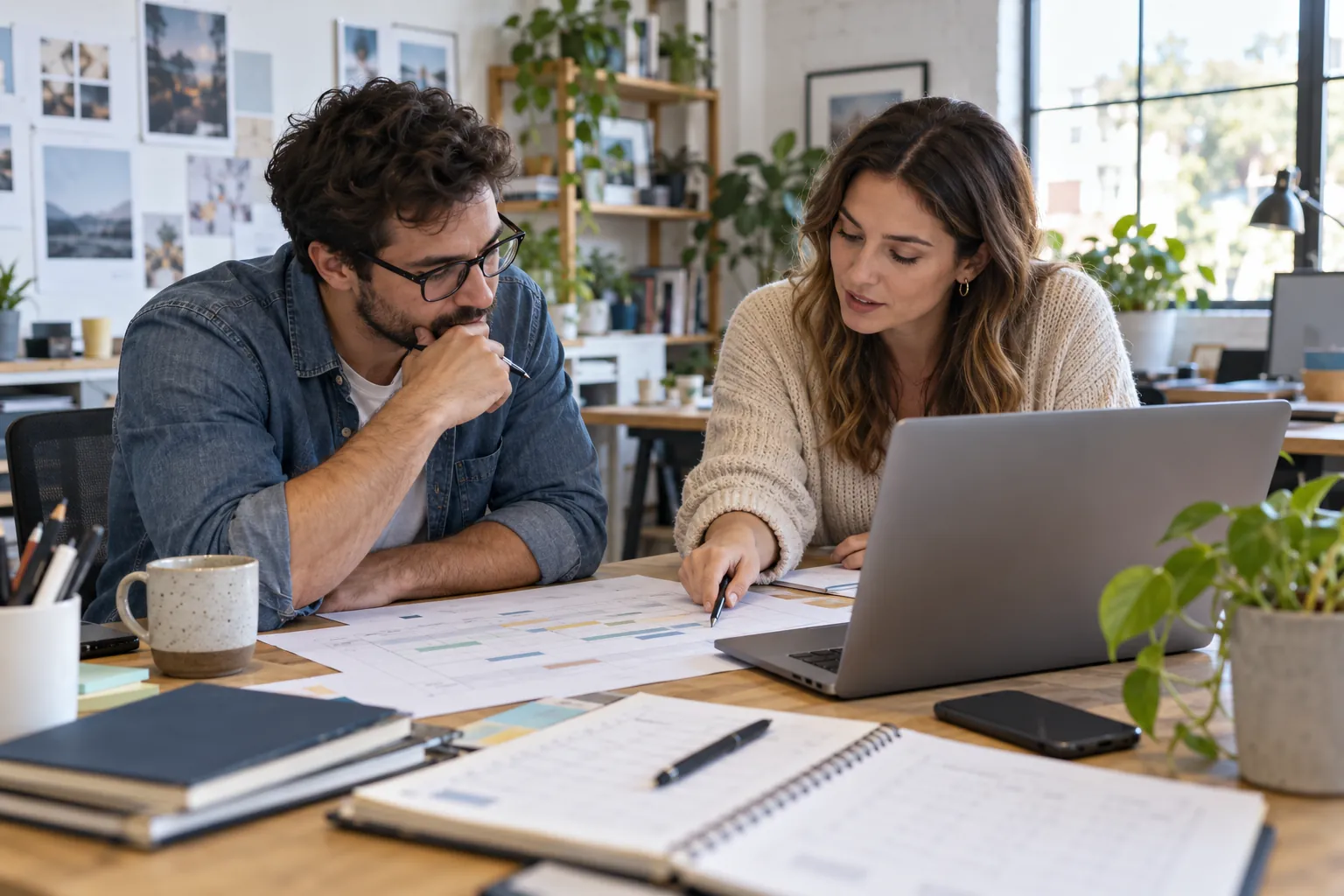 Small agency team reviews client delivery hours and a monthly retainer budget
