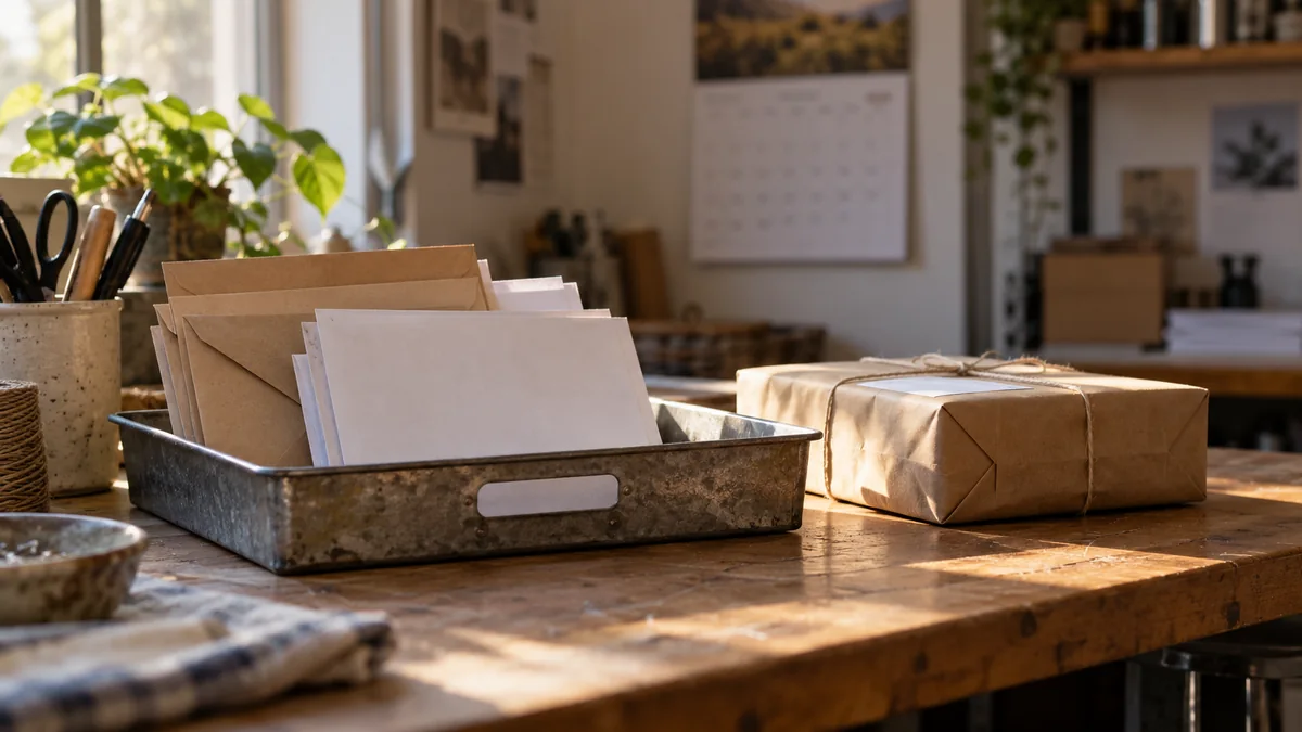 Plain invoices and envelopes in a metal tray beside a parcel in a small studio.