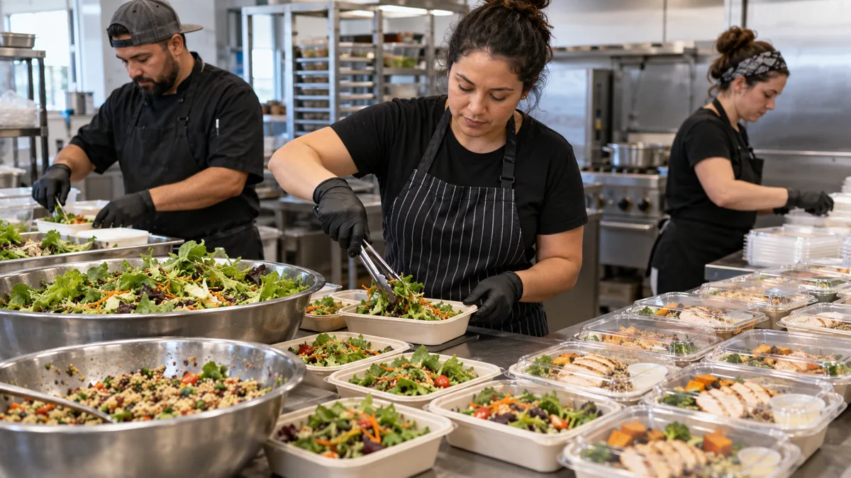 Catering team packing lunch meals on stainless kitchen counters.