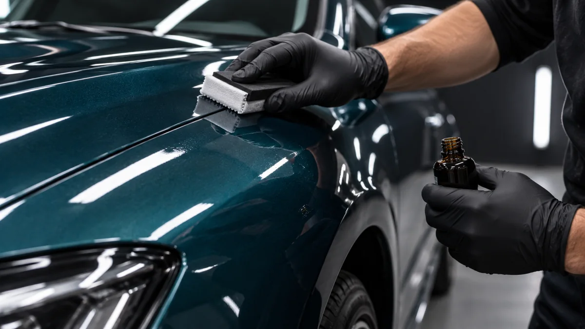 Gloved detailer applying coating with a small rectangular applicator to a glossy teal car panel.