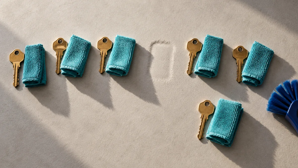 House keys and folded cleaning cloths with an empty space representing a lost client.