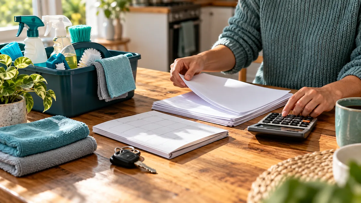 Cleaning business owner reviews expense records beside supplies, a calculator and vehicle keys