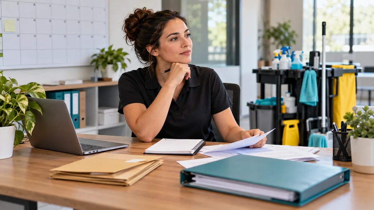 Cleaning business owner reviewing a calendar and invoice folder at an operations desk.