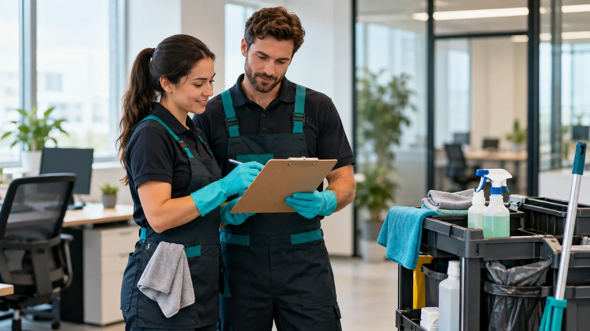 Two cleaning team members reviewing a clipboard beside their supply trolley after an office visit.