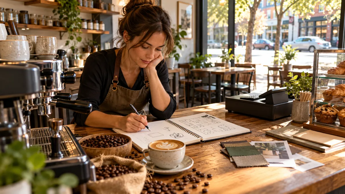 Coffee shop owner plans an independent cafe beside an espresso machine