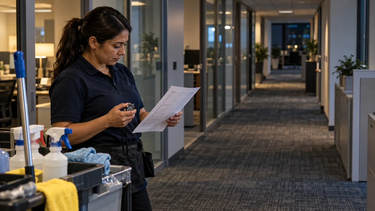 Commercial cleaner reviews an office service checklist and timing before preparing a bid