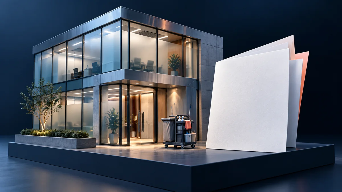 Three-dimensional office model beside blank contract sheets and a janitorial trolley.