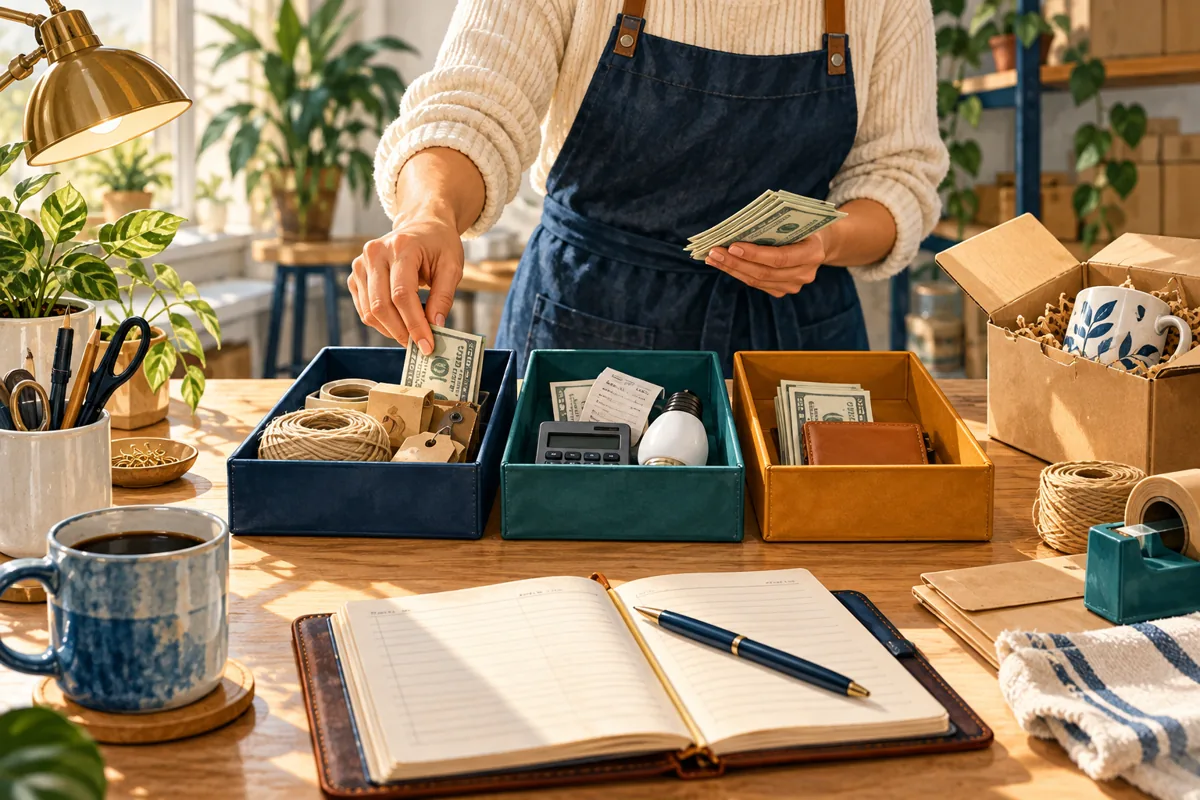 Business expense trays and a ledger illustrating sales allocated to delivery costs, overhead and profit