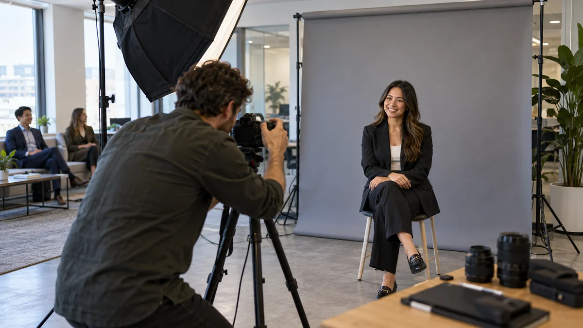 Photographer making an employee portrait in an office with a portable backdrop and softbox.