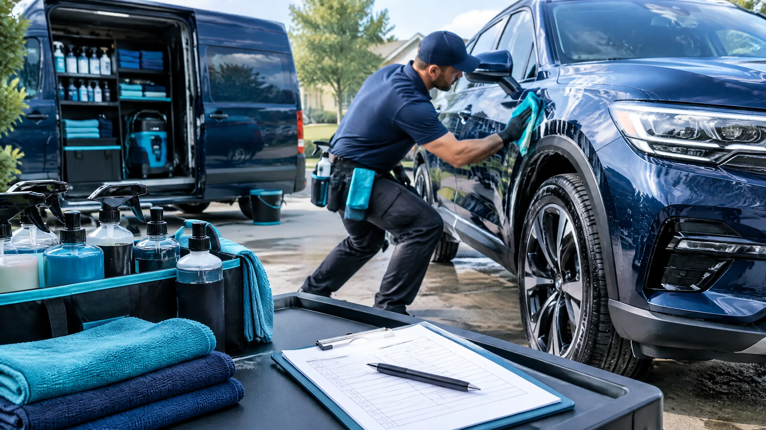Mobile detailing professional reviewing vehicle service pricing
