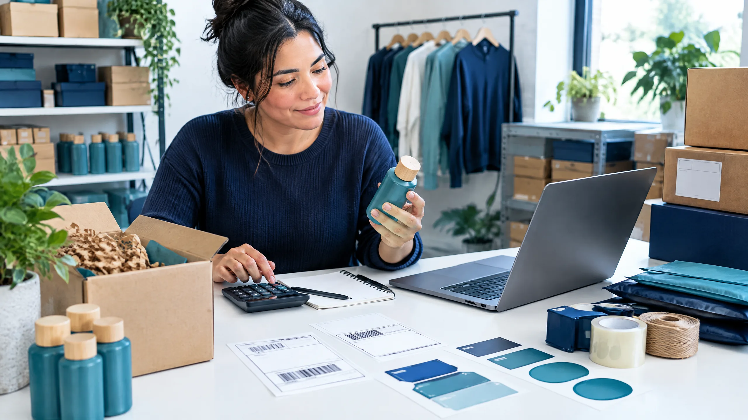 Ecommerce owner reviewing product costs, shipping and pricing