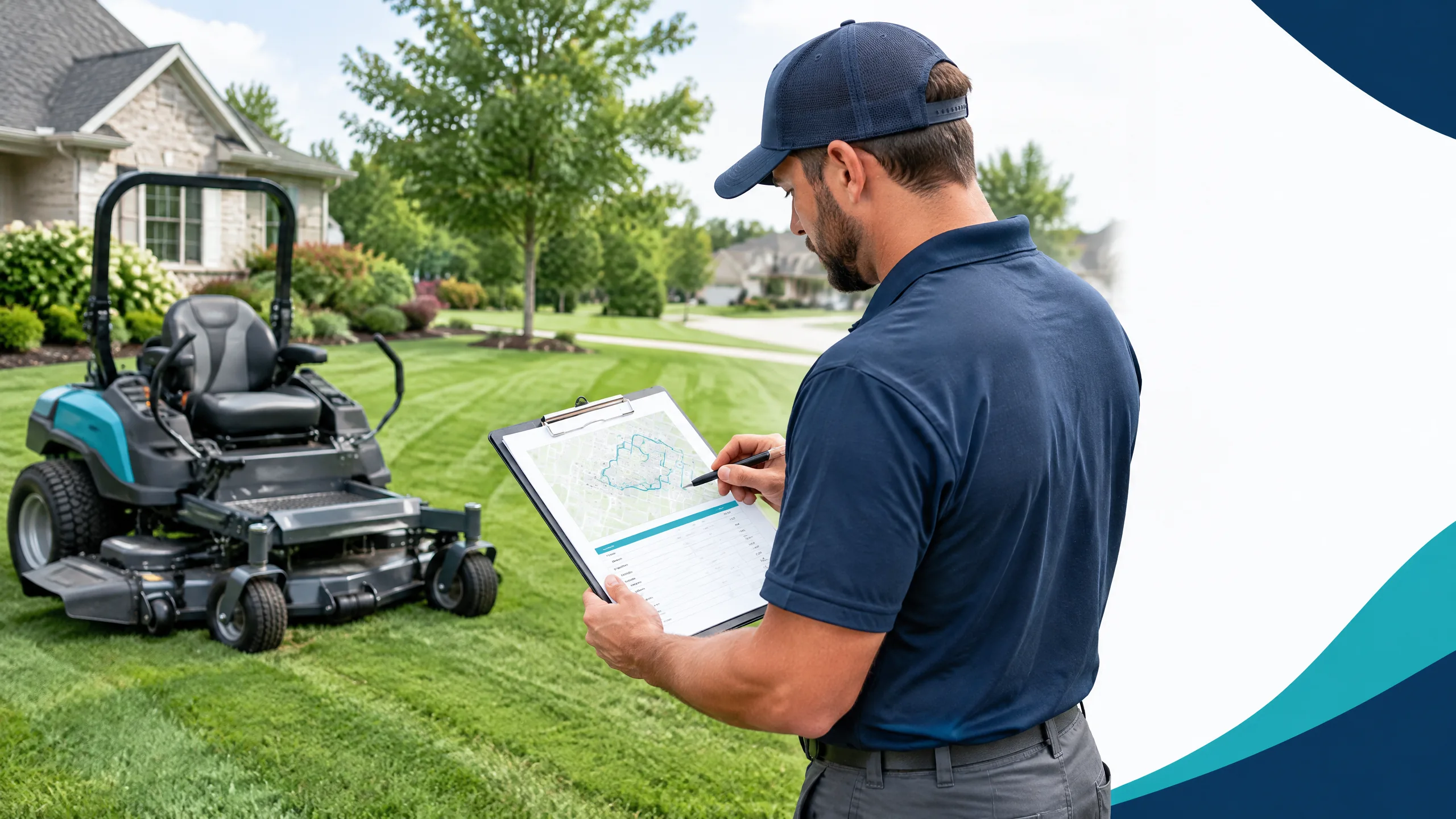 Lawn care operator reviewing acreage, route and pricing details