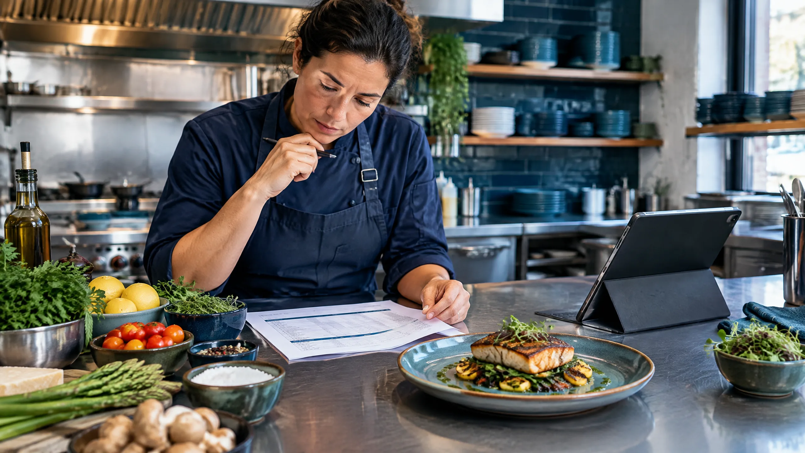 Restaurant owner reviewing recipe costs and menu pricing