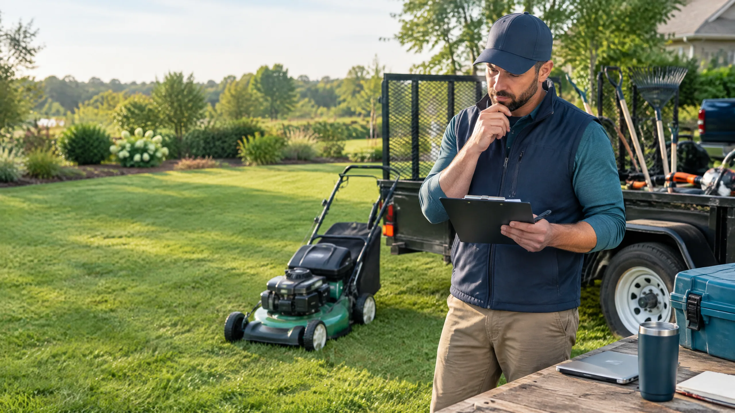 Landscaping owner reviewing startup costs and opening budget