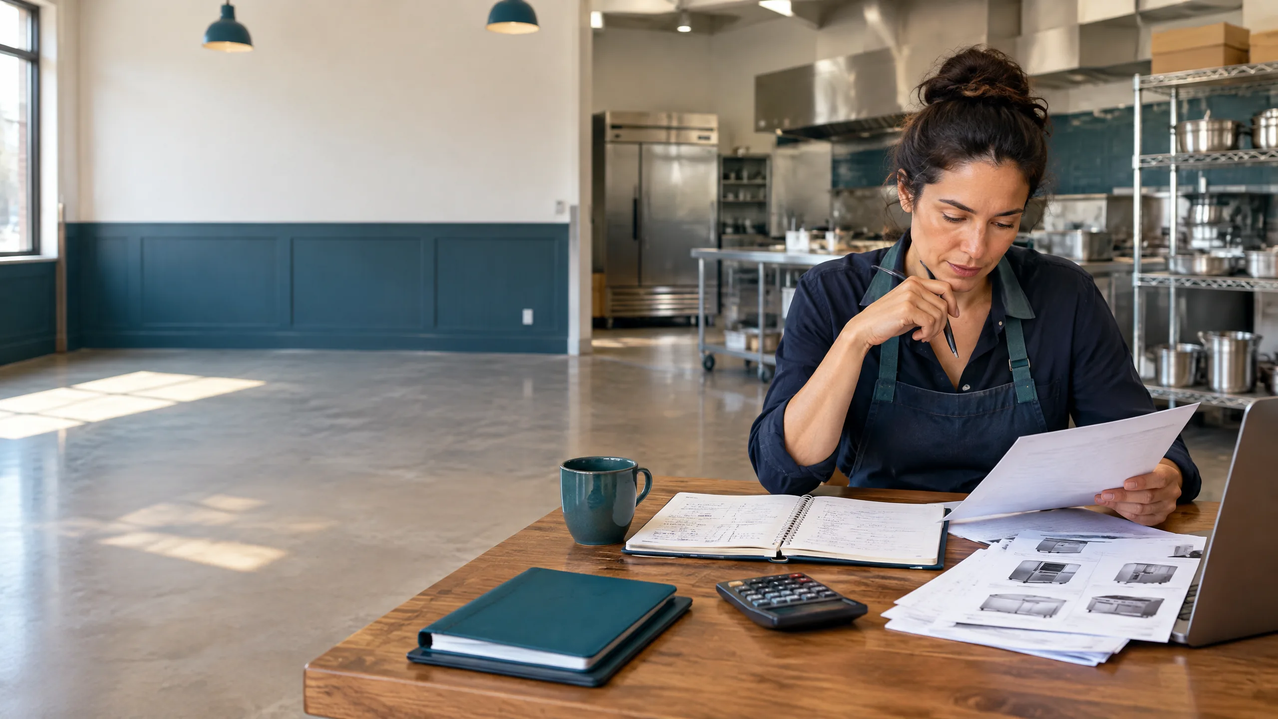 Food-service owner reviewing an opening budget in an unfinished café space