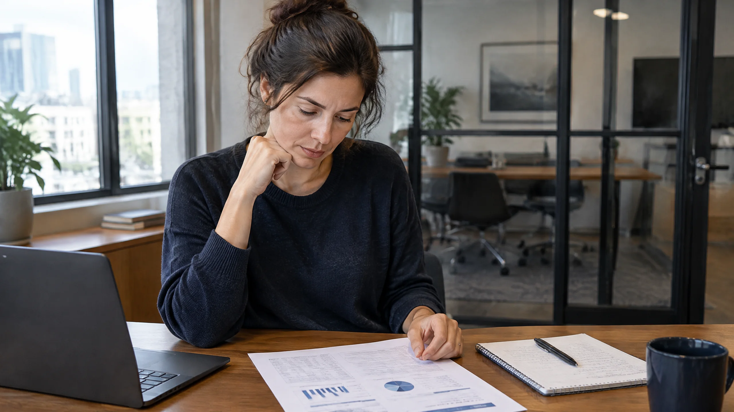 Agency business owner reviewing profit margin and operating costs