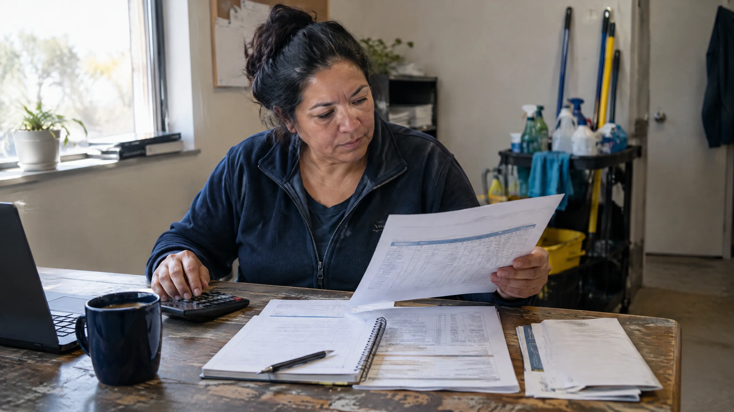 Cleaning business owner reviewing profit margin and operating costs