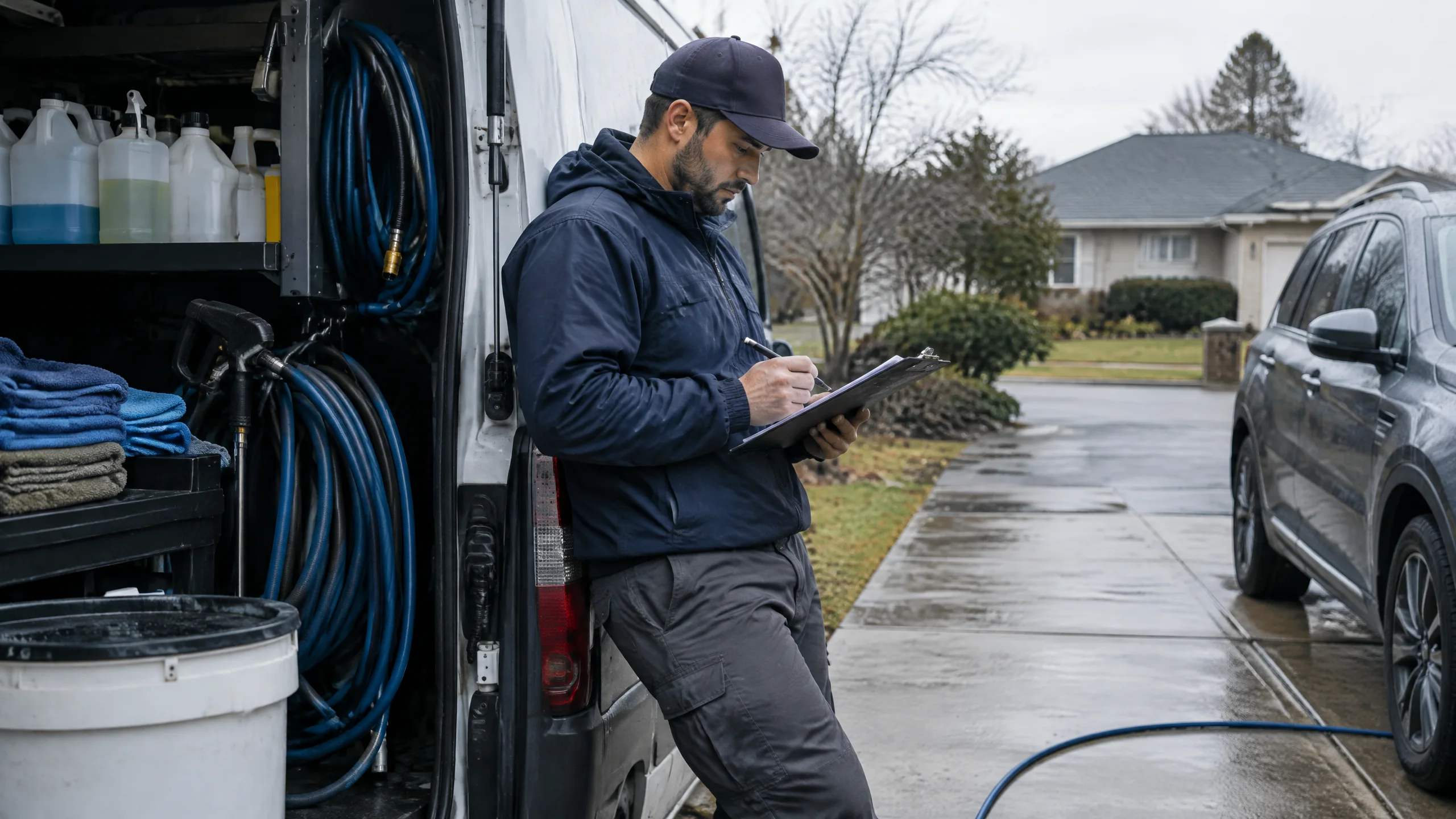 Mobile detailing business owner reviewing profit margin and operating costs