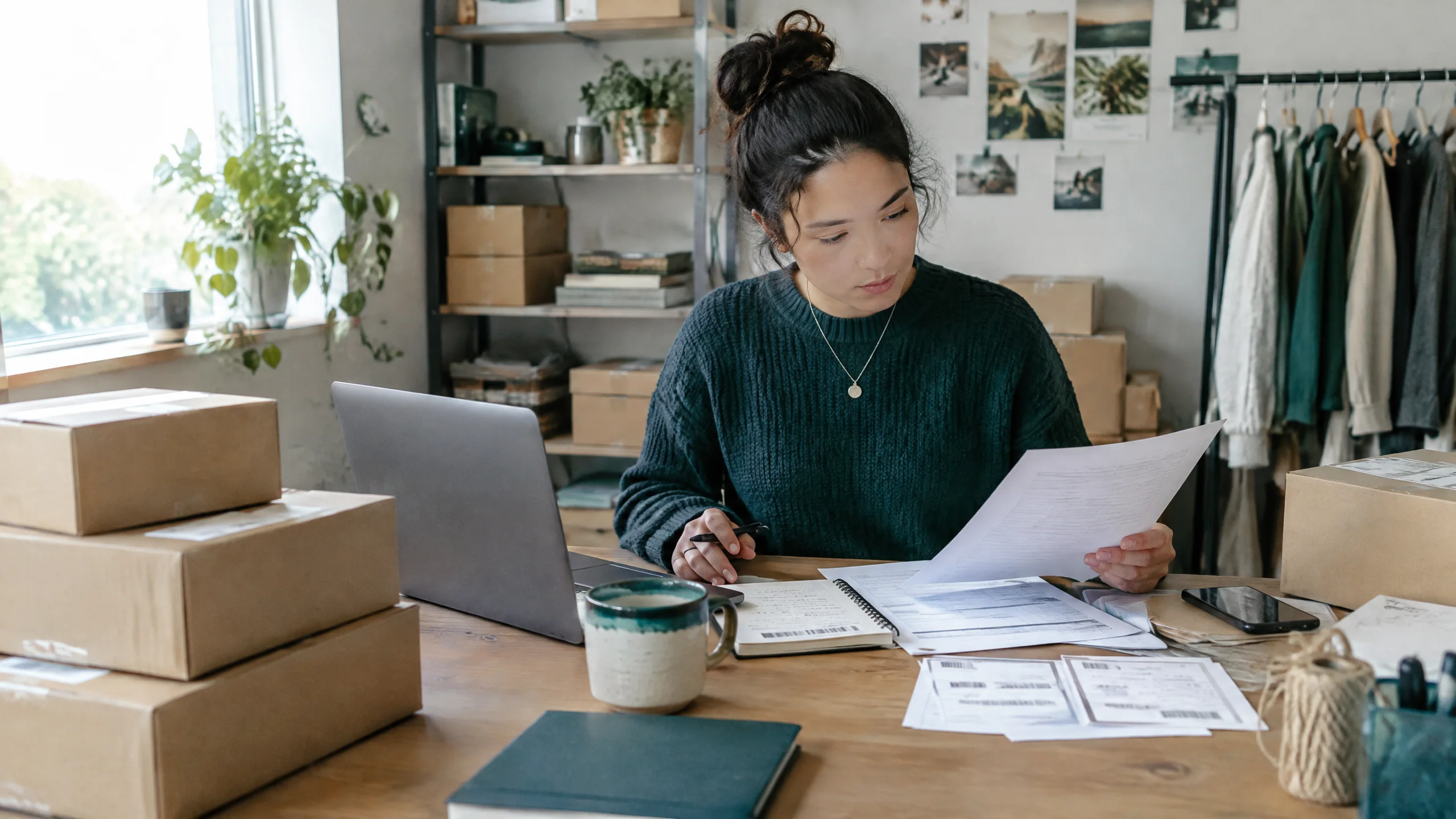 E-commerce business owner reviewing profit margin and operating costs