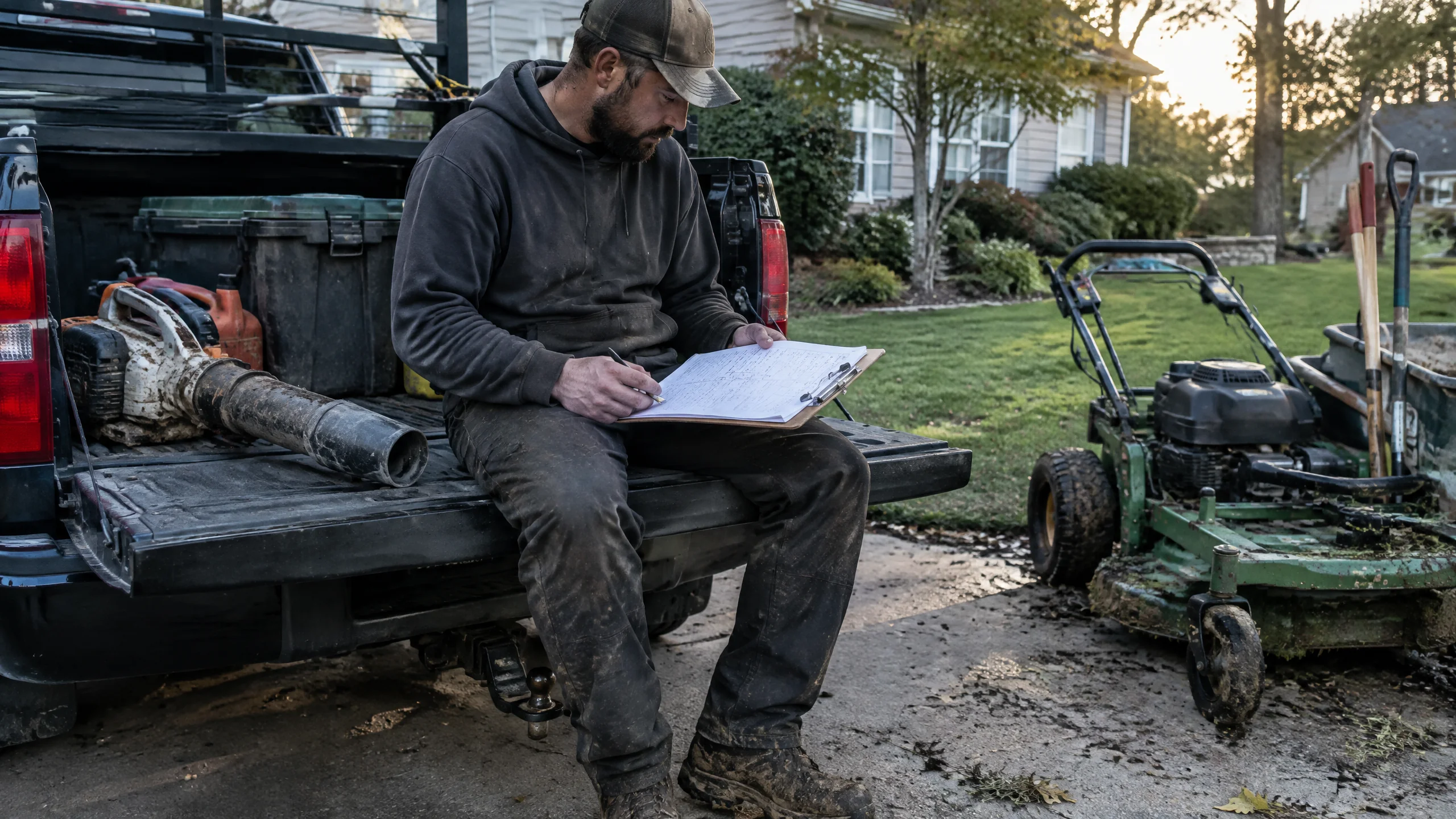 Landscaping business owner reviewing profit margin and operating costs