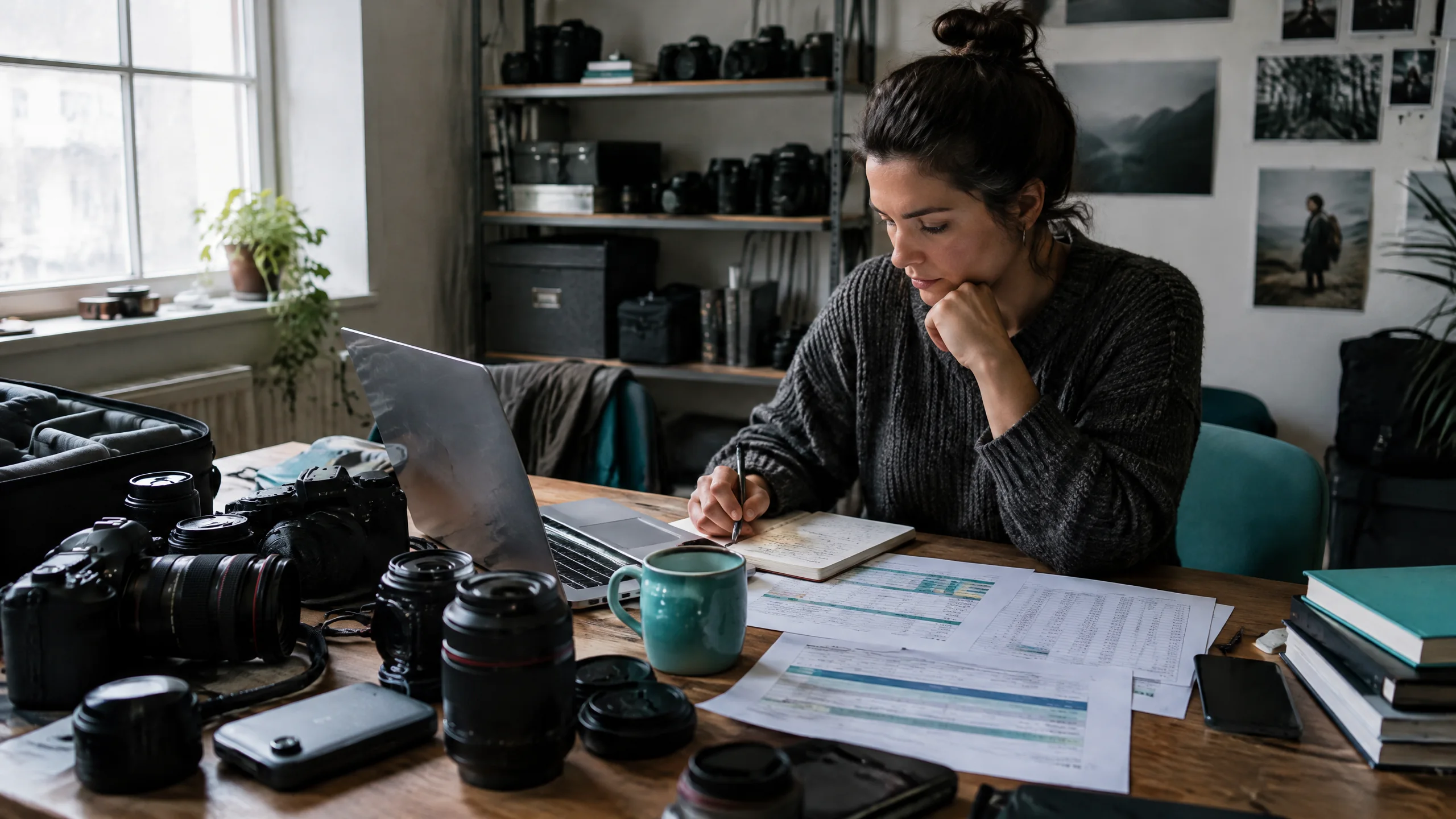 Photography business owner reviewing profit margin and operating costs