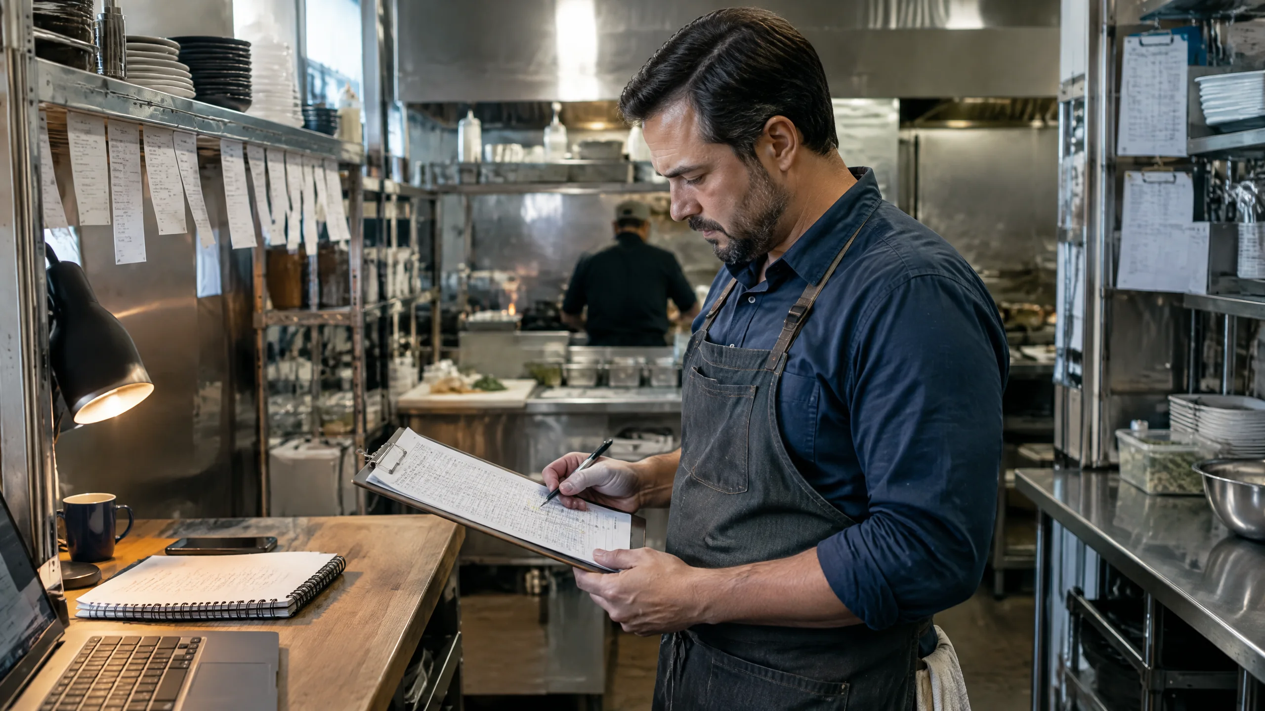 Restaurant business owner reviewing profit margin and operating costs
