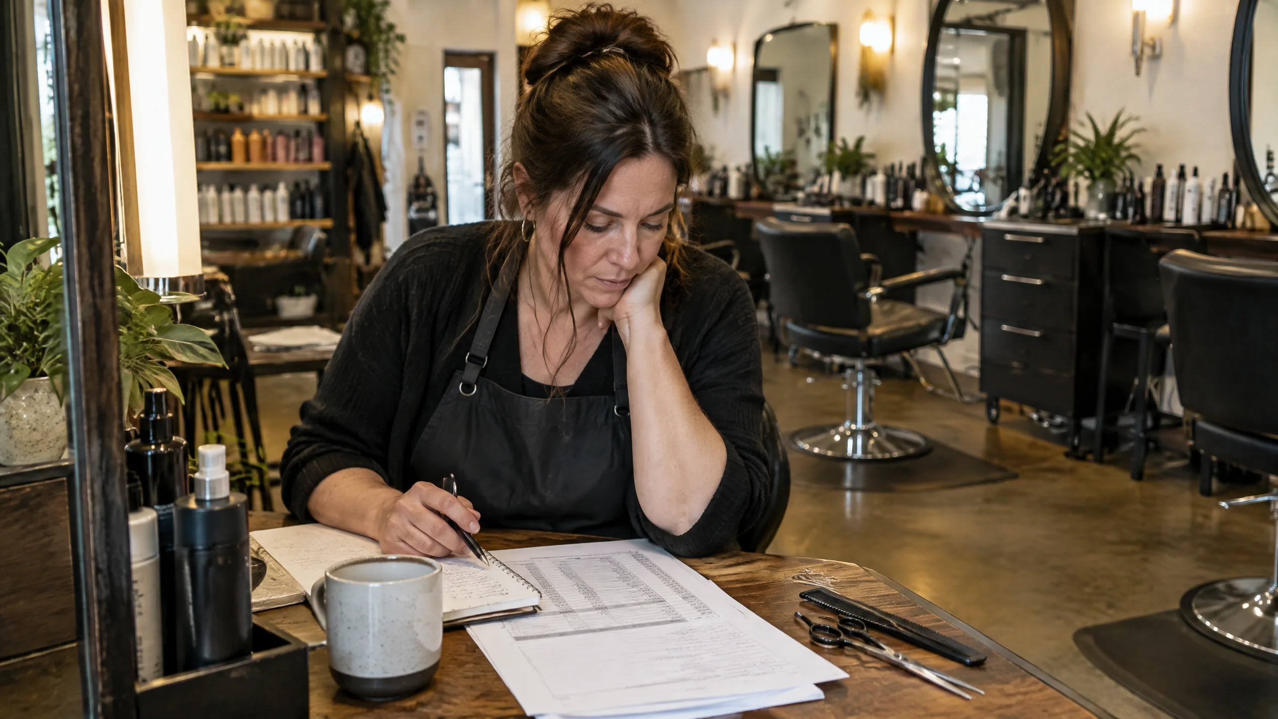 Salon business owner reviewing profit margin and operating costs