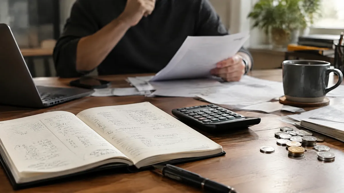 Business owner reviewing a worked break-even analysis with invoices and calculator
