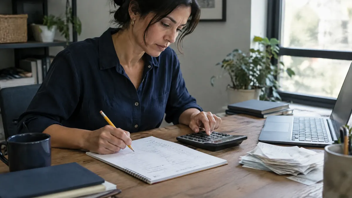 Small business owner calculating break-even point with a calculator and worksheet