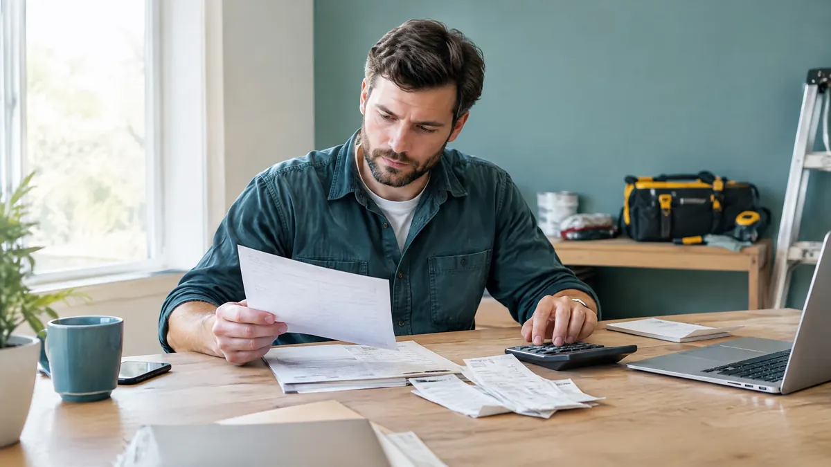 Service business owner calculating contribution margin from invoices and variable costs