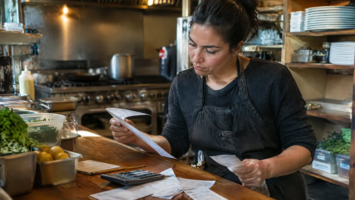 Restaurant operator reviewing fixed and variable costs with receipts and calculator