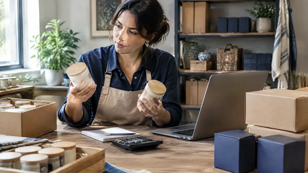 Retail owner comparing break-even units and dollars with inventory and calculator
