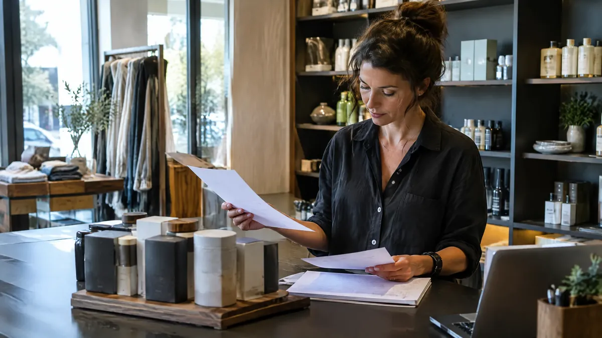 Retail owner comparing supplier cost, markup, and selling price at a counter