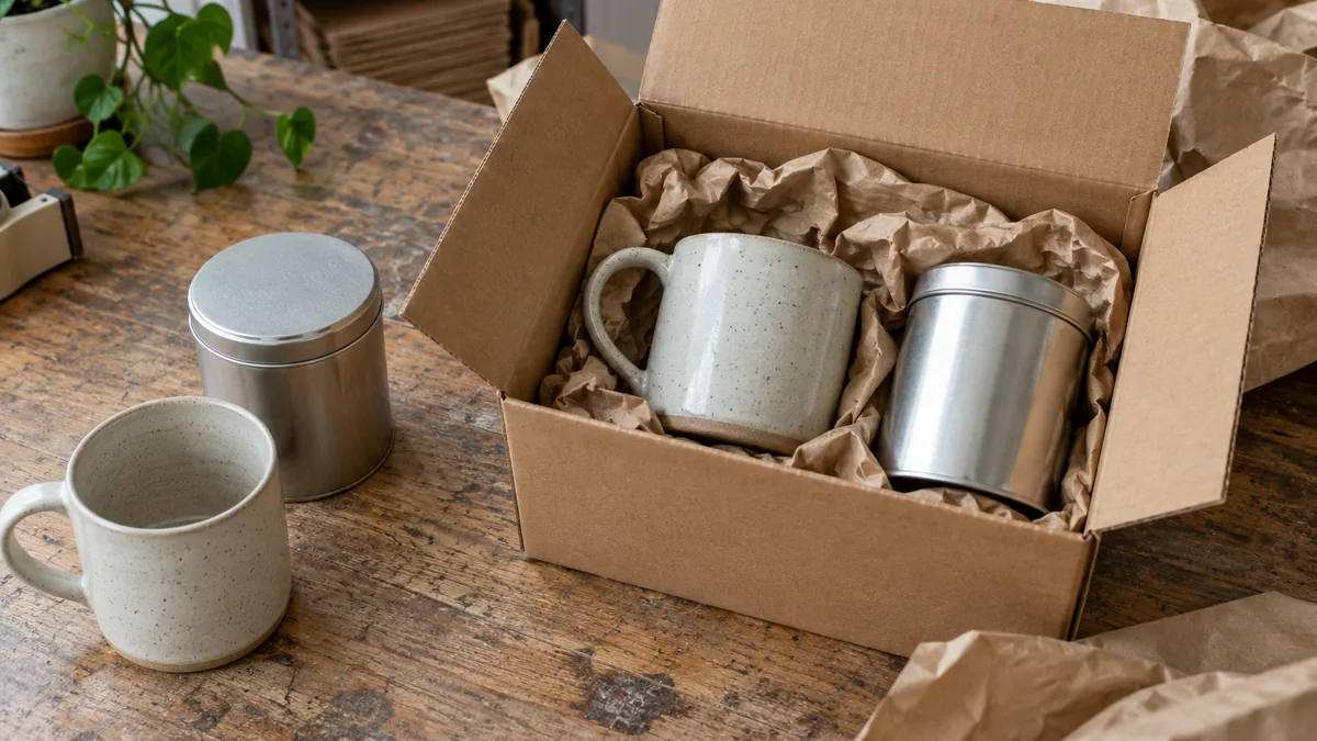 A stoneware mug and plain tea tin packed together in a cardboard ecommerce parcel.