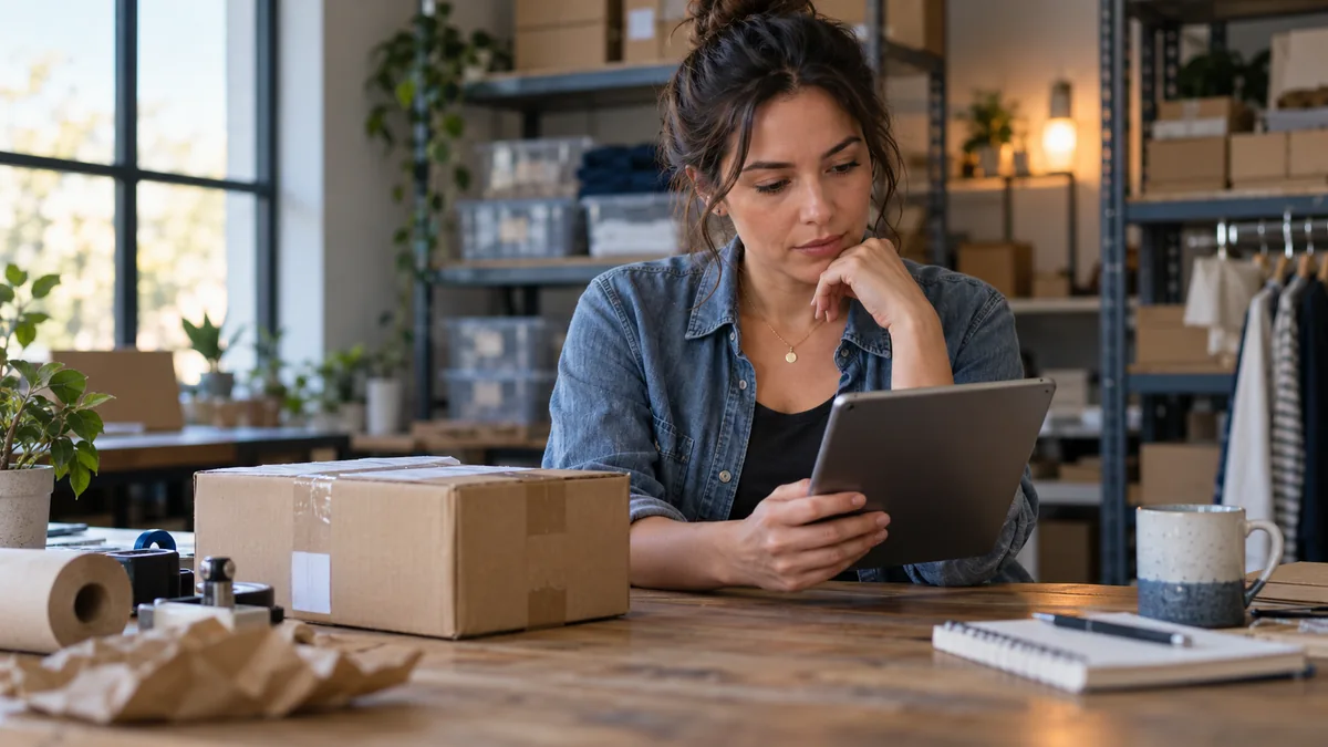 Online store owner reviews a payment dispute beside a shipped package and inventory shelves