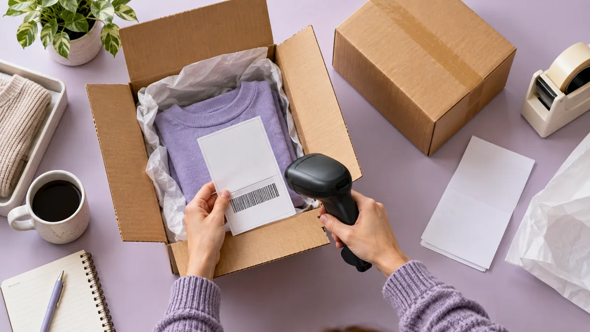 Online store owner scans a returned package at a packing station