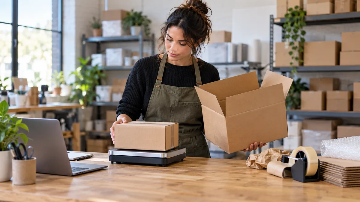 Online seller weighs a parcel beside packing materials and shipping boxes