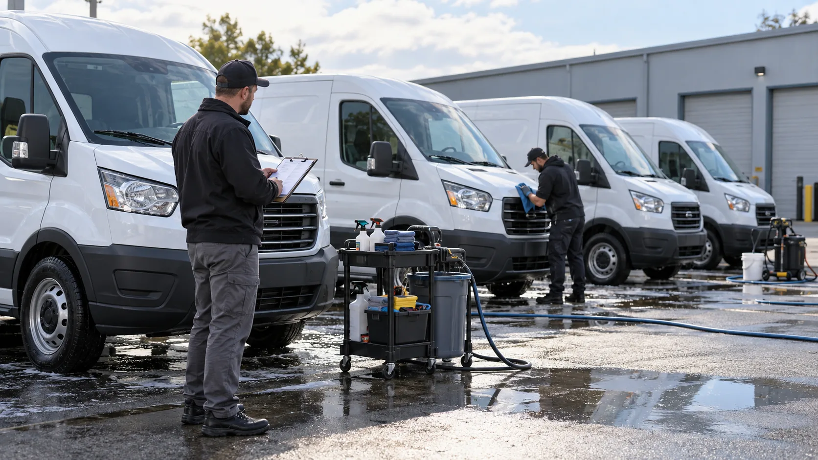Mobile detailer reviews a checklist beside a row of unbranded work vans