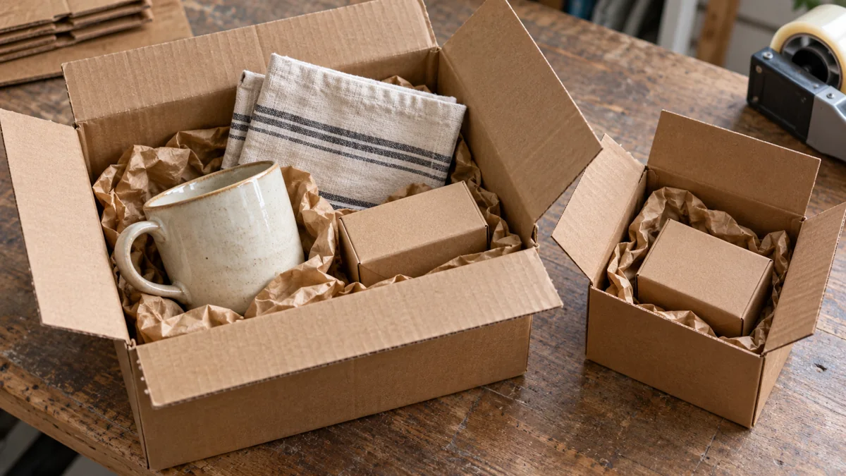 Two cardboard parcels on a packing bench, one with a mug, towel and small carton, the other with one carton.