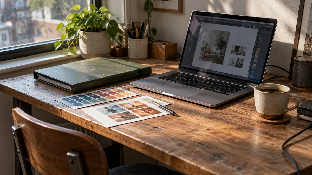 Freelance designer workspace with a laptop, sample folder and printed color swatches.