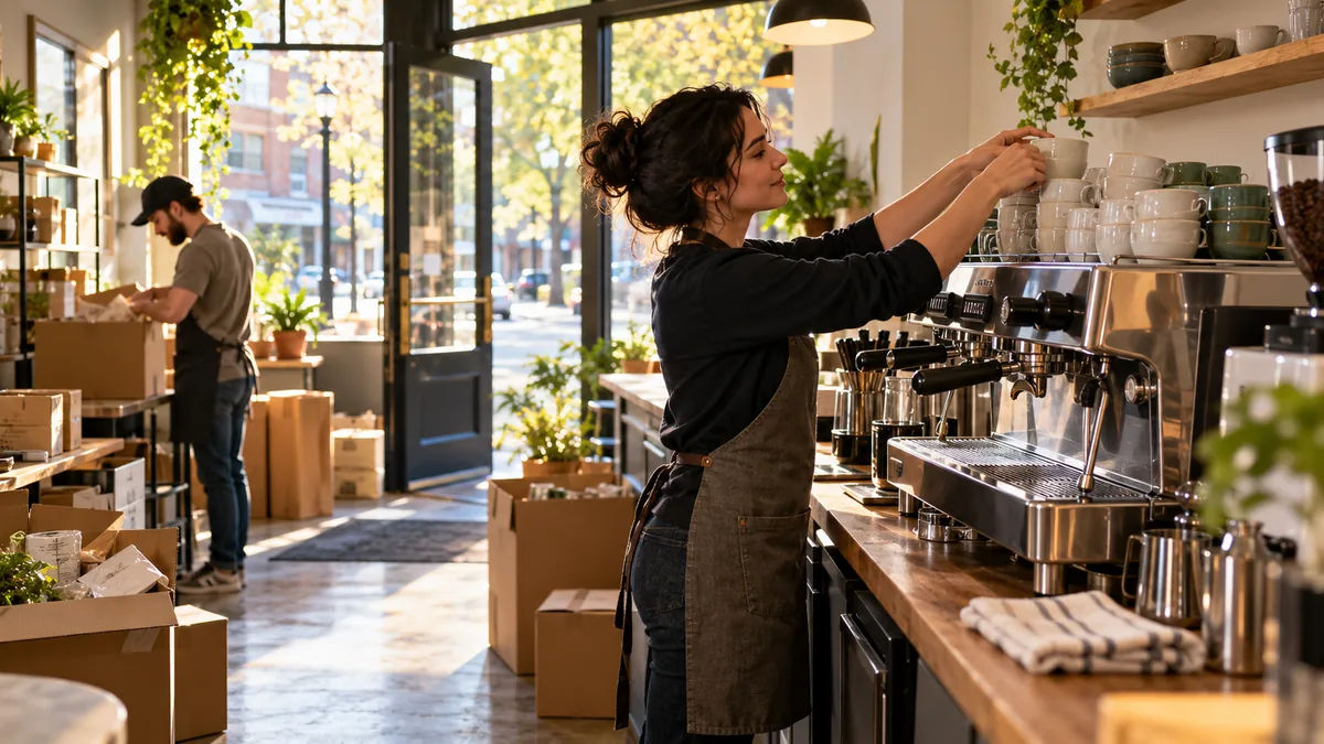 Owner sets up espresso equipment and cups before a new coffee shop opens