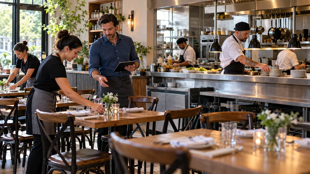 Restaurant team prepares the dining room and kitchen for opening service