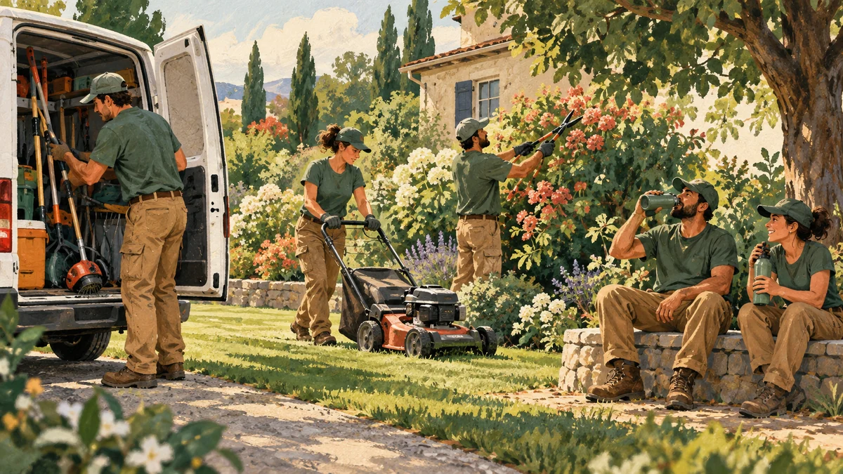 Painted scene showing landscapers loading tools, working in a garden and taking a break.