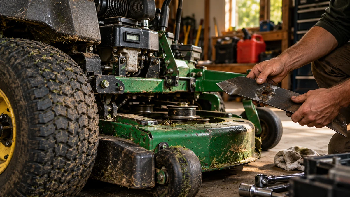 Mower and hands inspecting a detached blade in a landscaper’s garage.