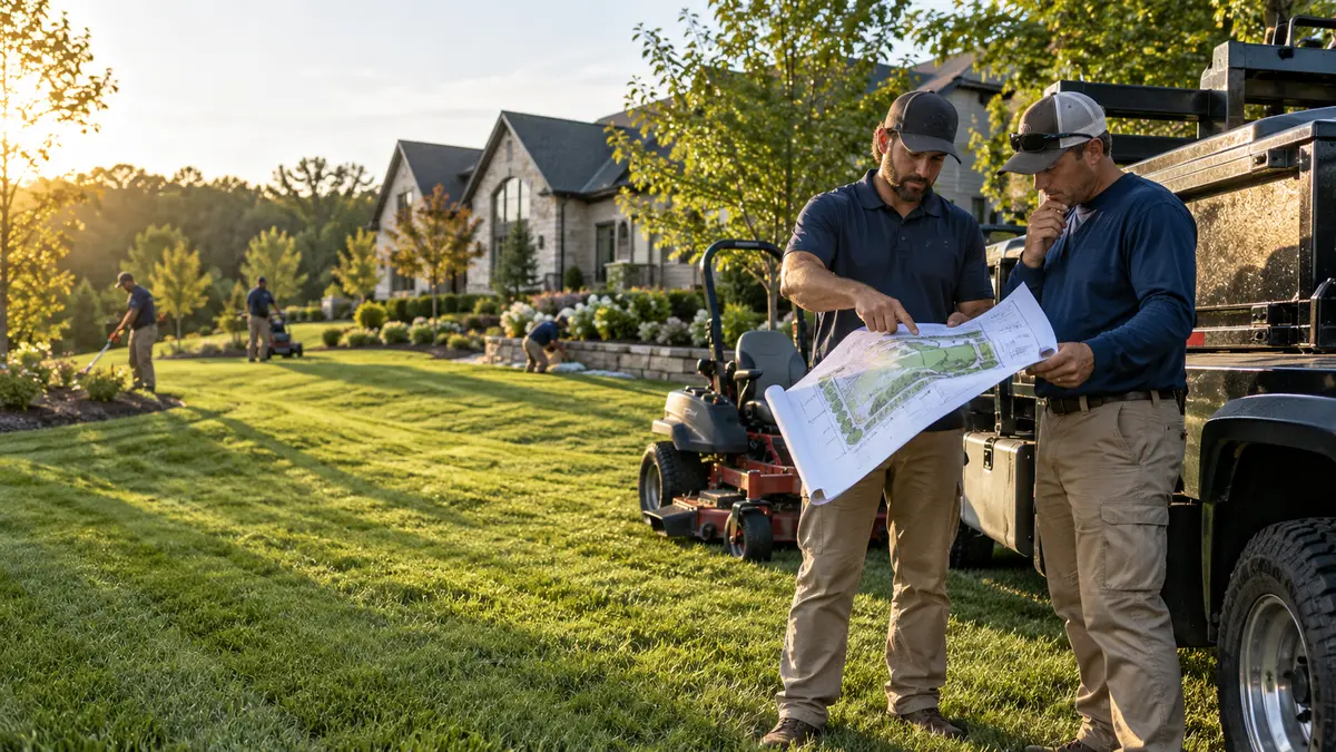 Landscaping business owner and crew lead reviewing job profitability and route capacity on site for a break-even calculation