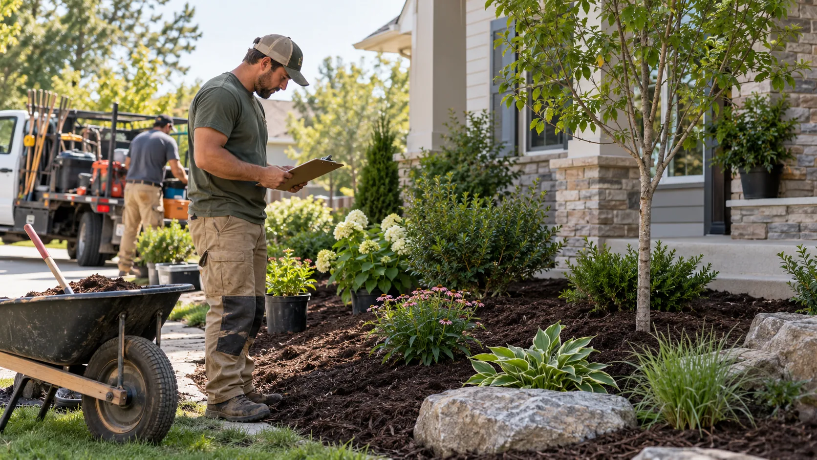 Landscaping crew lead checks a clipboard beside a newly planted bed and work tools