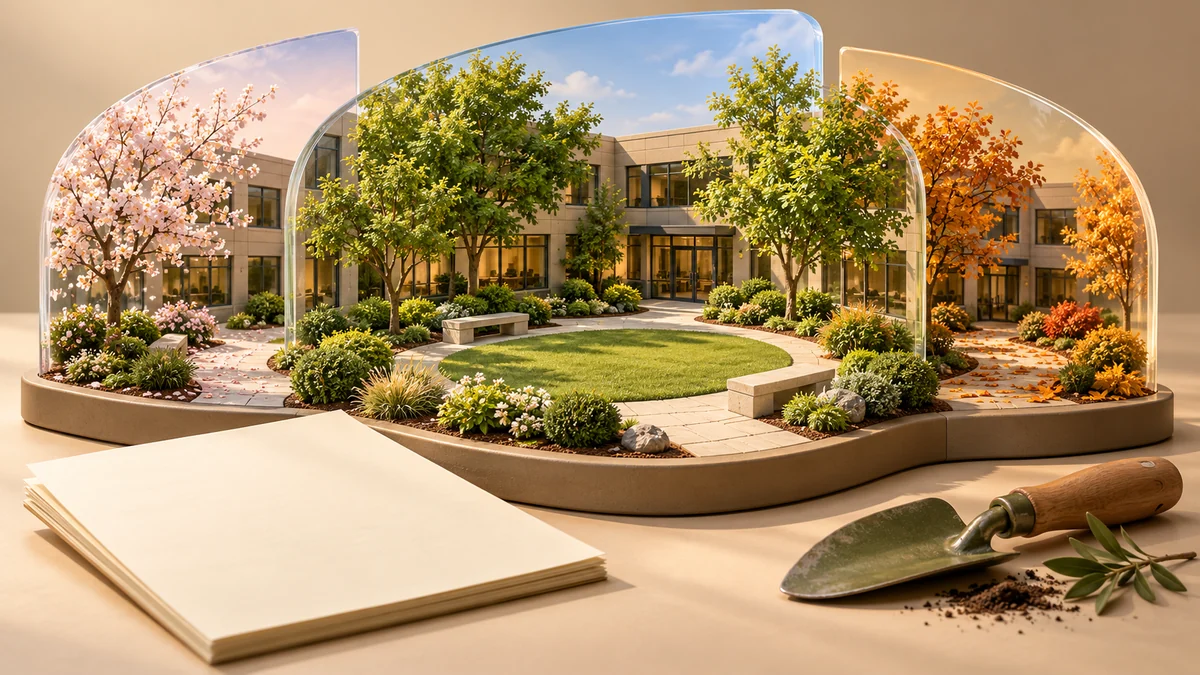 Miniature maintained office courtyard framed by spring, summer and autumn scenes.