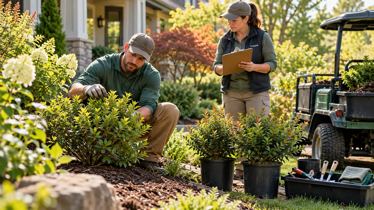 Landscape workers inspecting a shrub beside replacement plants, tools and a garden cart.