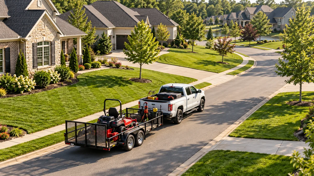 Landscaping truck and mower travel between nearby lawns on a suburban route