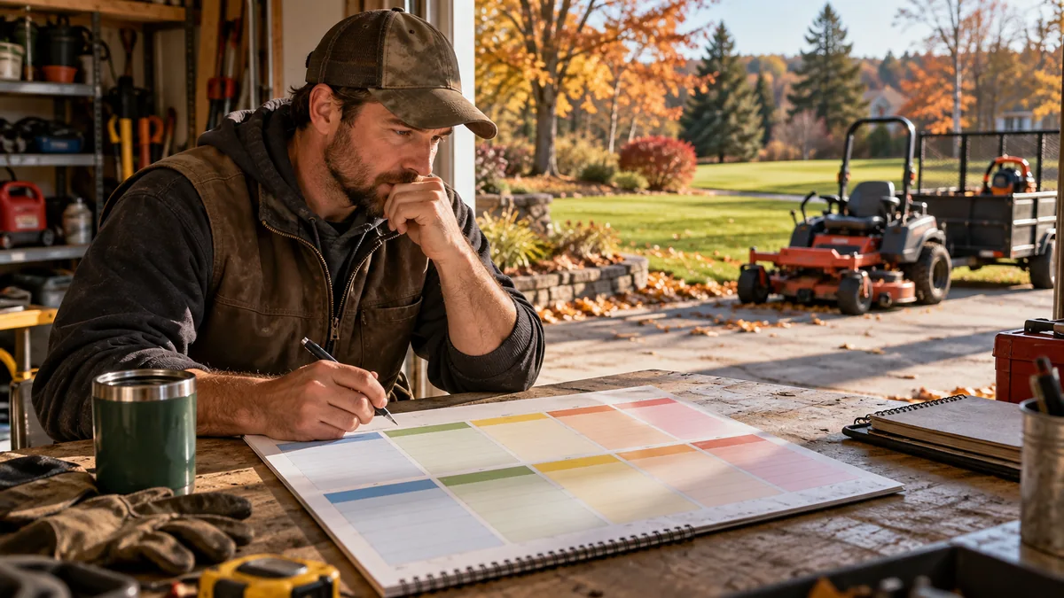 Landscaping owner plans the coming months with a calendar beside lawn equipment and autumn trees